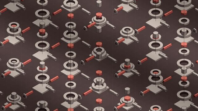 Isometric Exploded View of Machine Parts Separating and Reassembling, Flat Three Tone Seamless Loop in cool oxblood tones