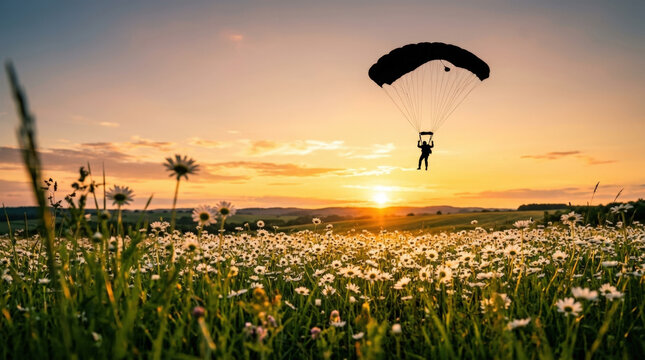 Parachutist glides above vast meadow of white daisies at sunset creating peaceful silhouette against warm orange sky in natural setting.