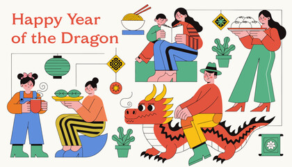 Fototapeta premium Happy Year of the Dragon Chinese New Year Celebration Family Gathering Festive Food Lanterns