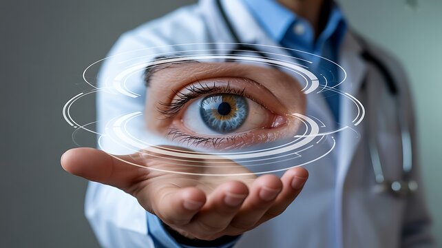 Medical professional presenting digital eye health technology and vision diagnostics concept