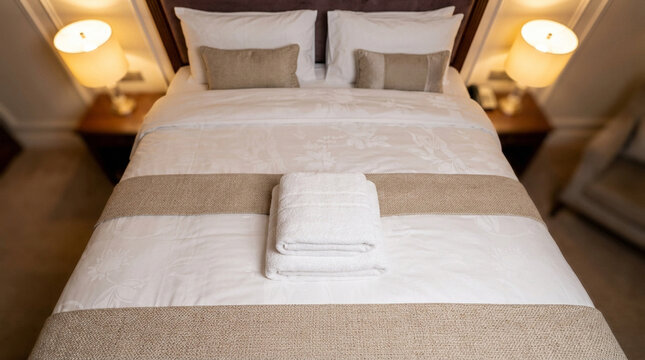 Elegant Hotel Bedroom Interior with Made Bed and Warm Lighting