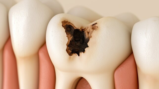 Model shows a tooth with a cavity to illustrate dental issues and the need for treatment