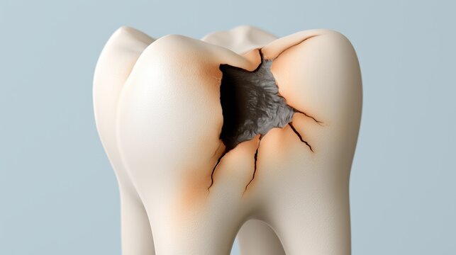 Cavity in a tooth with visible cracks and decay on a plain background