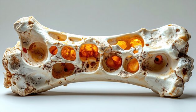 Close-up broken human bone showing realistic spongy internal bone texture, detailed medical anatomy photography, isolated specimen
