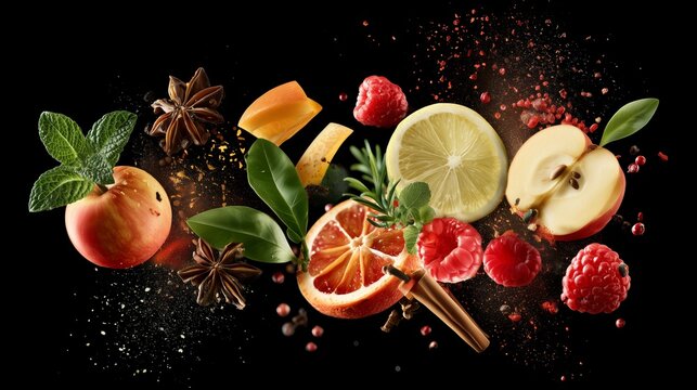 Fruits and spices arranged artistically with bright colors and textures against a dark background