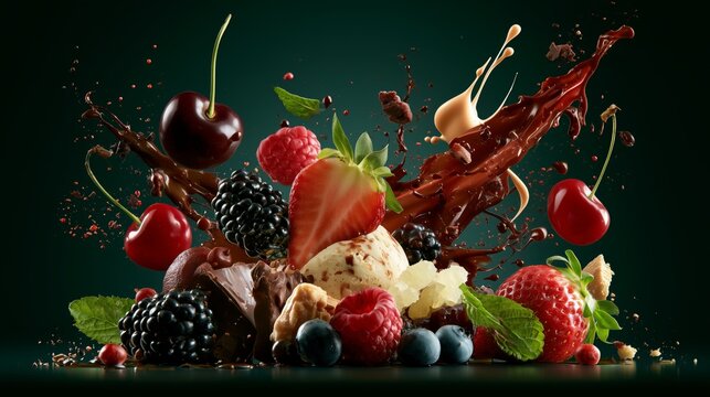 Fruit and ice cream mix placed on a dark surface during a creative food photography session