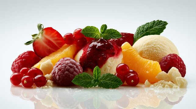 Bright fruit salad with ice cream and mint on a plain background