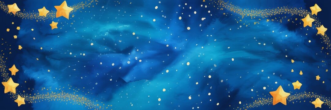 A dark blue background, with a swirling, nebula effect and, golden stars with, sparkling trails along, the and bottom, borders of the