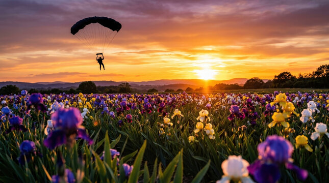 Person skydiving with dark parachute above purple iris flower field as sun sets over distant rolling hills in picturesque rural valley.