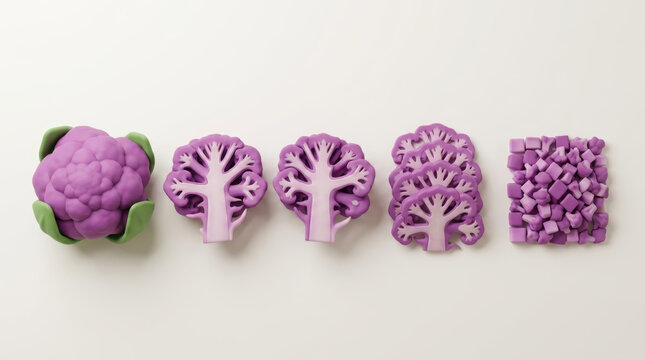 Purple cauliflower slicing sequence from head to florets diced 3d illustration