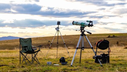 Naklejka premium Telescope Set Up in a Field for Stargazing