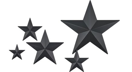 Obraz premium Five matte black metallic stars of varying sizes arranged in a cluster against a plain white background, for decorative wall display