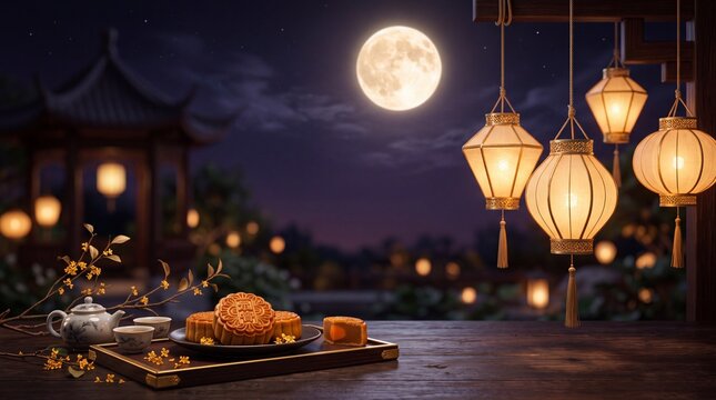 A peaceful Mid-Autumn Festival scene with mooncakes, tea, and glowing lanterns.