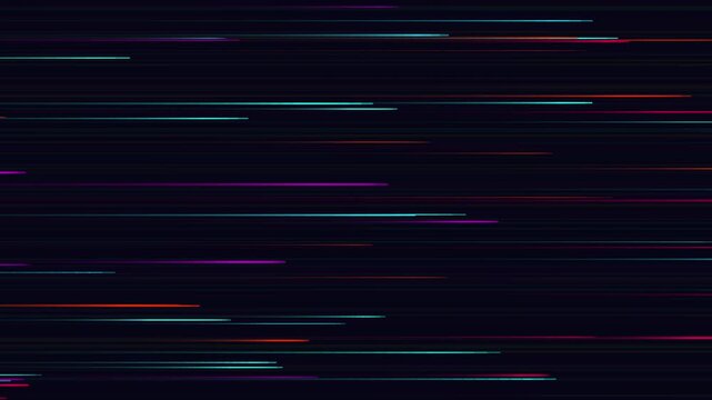 Abstract background with glowing neon light lines moving fast in horizontal direction on dark blue surface 4K Motion Video