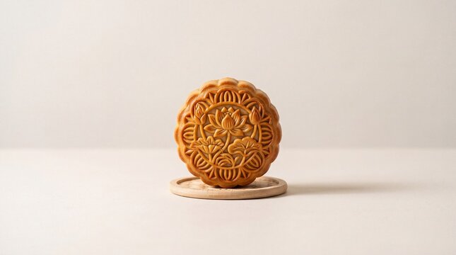 A beautifully carved lotus mooncake resting on a small wooden coaster.