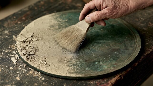 Crafting with dust on a round surface in a workshop in daylight