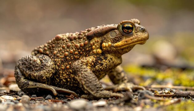 Realistic brown garden toad sitting in profile with textured skin and golden eyes, wildlife photography