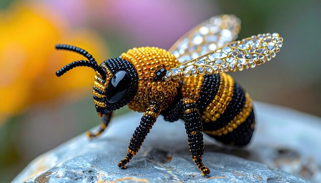 Handmade beaded bee brooch decorated with tiny crystals, intricate beadwork, elegant jewelry craftsmanship, macro product photography