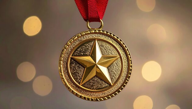 Shiny gold achievement medal with star design hanging from a red ribbon, victory and success concept, isolated object