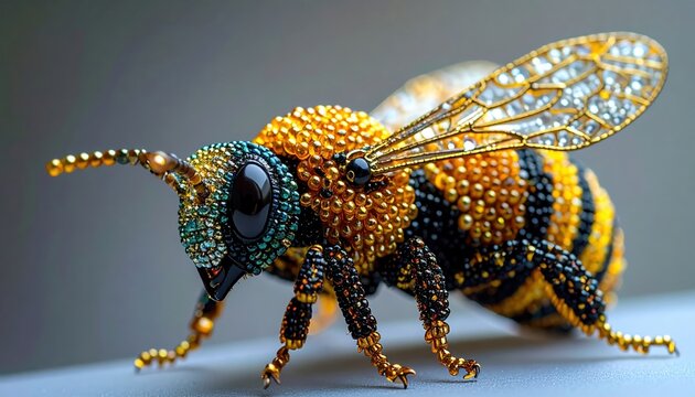 Handmade beaded bee brooch decorated with tiny crystals, intricate beadwork, elegant jewelry craftsmanship, macro product photography