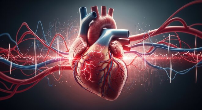 Anatomical heart representation, symbolizing cardiovascular health, disease awareness, and treatment interventions, with pulsating blood vessels and cardiogram lines, indicating vital signs