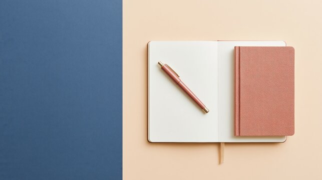 Open blank journal and closed brown notebook with a pen on a beige surface, featuring a blue background with copy space for planning and stationery marketing