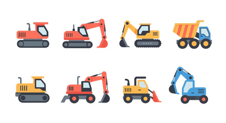 Naklejka premium A collection of flat vector icons representing various heavy construction machinery including excavators and dump trucks for engineering projects