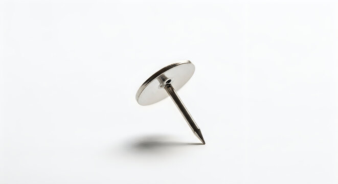 Silver push pin standing upright on plain surface