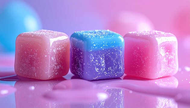 Three colorful pieces of chewed bubble gum in pink, blue and purple, glossy candy texture, playful food photography