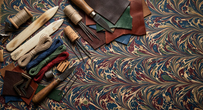  Cinematic top down view of vintage French bookbinding tools on marbled paper