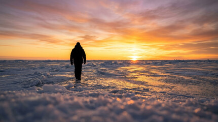 Obraz premium Solitary adventurer bundled in winter gear walks across frozen ice landscape towards bright orange sunset on horizon line.