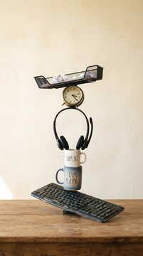 A precarious tower of office objects including a keyboard and mugs balanced in a fragile equilibrium on a wooden table, with copy space for business and productivity campaigns