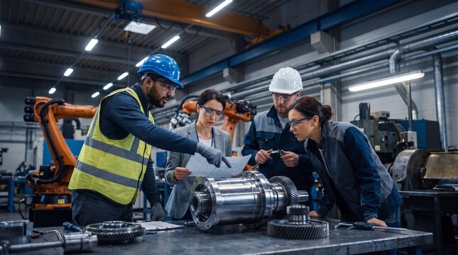 A group of diverse industrial workers collaborating on a project in a modern factory setting
