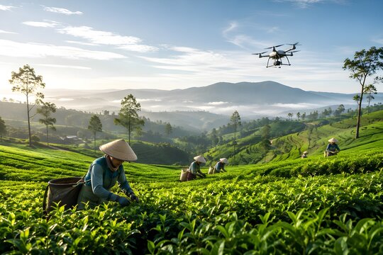 Agricultural Drone Flying Over Green Tea Plantation with Farmers Harvesting Crops in Scenic Mountains