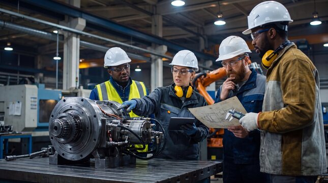 Four diverse industrial workers in hard hats examine machinery and blueprints in a factory setting.