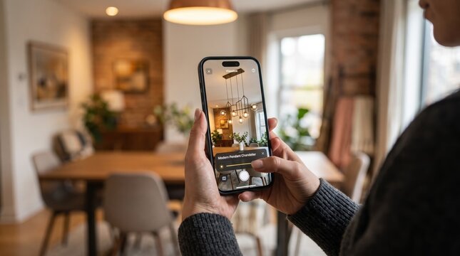 Woman using smartphone app to visualize modern pendant chandelier in living room, augmented reality interior design, home renovation planning, smart furniture placement technology
