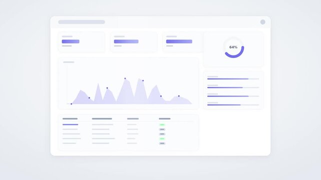 Wireframe dashboard widgets populating with staggered data flow and