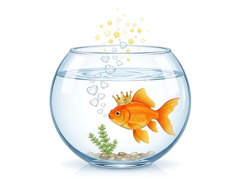 Golden goldfish wearing crown in glass fishbowl, magical orange fish with heart bubbles, royal pet in round aquarium with stars