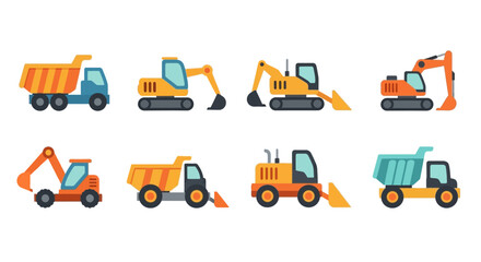 Collection of Various Industrial Construction Vehicles and Earthmoving Heavy Machinery Equipment Icons Set © reyro22