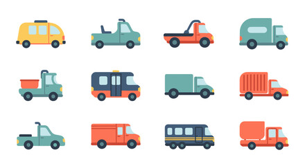 Fototapeta premium A collection of flat vector vehicle icons featuring various types of trucks vans and commercial transport machines for logistics design