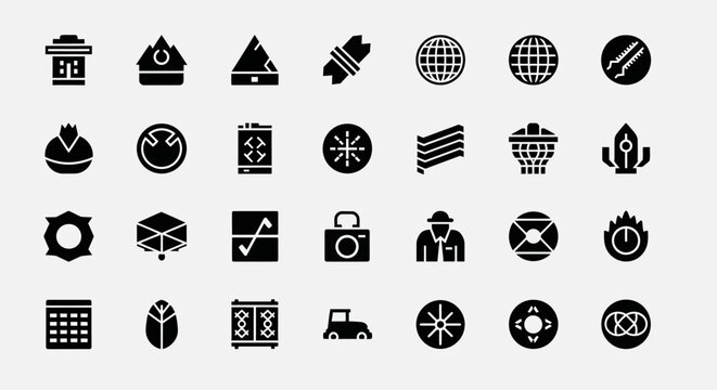 Set of diverse monochrome web interface glyph icons for modern software design and digital user interface communication systems