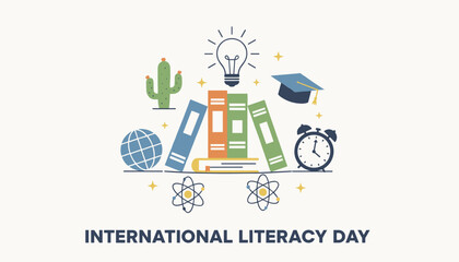 Naklejka premium International Literacy Day graphic featuring textbook stacks, a glowing lightbulb idea, a graduation cap, and learning icons.