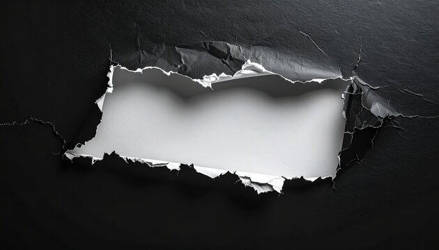 Black paper with a large torn opening revealing a bright white layer underneath, realistic ripped fibers, dramatic studio lighting, graphic design background