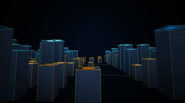 Abstract digital city scape with glowing wireframe buildings and neon lines in a dark virtual space 4K Motion Video