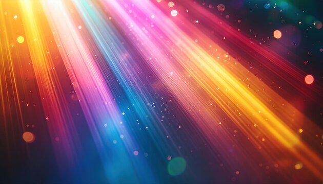Abstract multi-colored blurred light rays with rainbow highlights, subtle film grain, lens flare, dust particles and cinematic glow, premium modern background