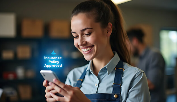 Young professional woman smiling while reading positive feedback on smartphone in modern office