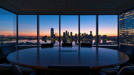Fototapeta premium Empty conference room with a polished table facing a glowing sunset city skyline through large windows, for business and corporate background