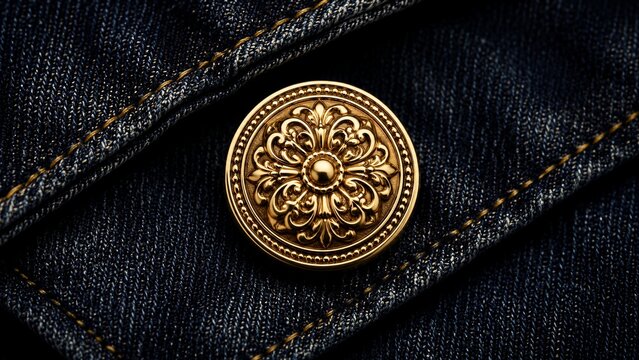 Ornate gold button resting on dark denim fabric closeup