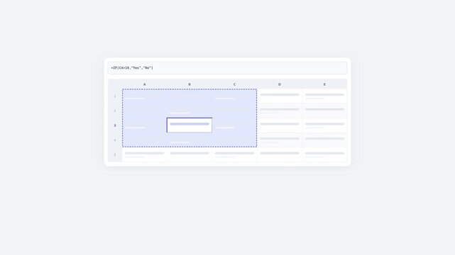 Wireframe spreadsheet cell grid with formula bar and traveling active