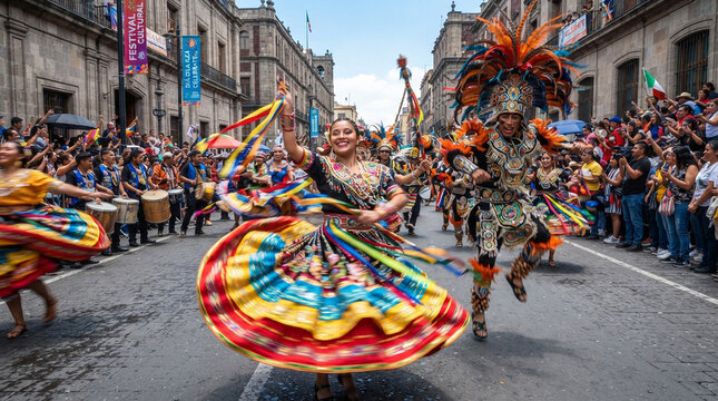 Traditional Mexican folk dancers performing in a city street parade